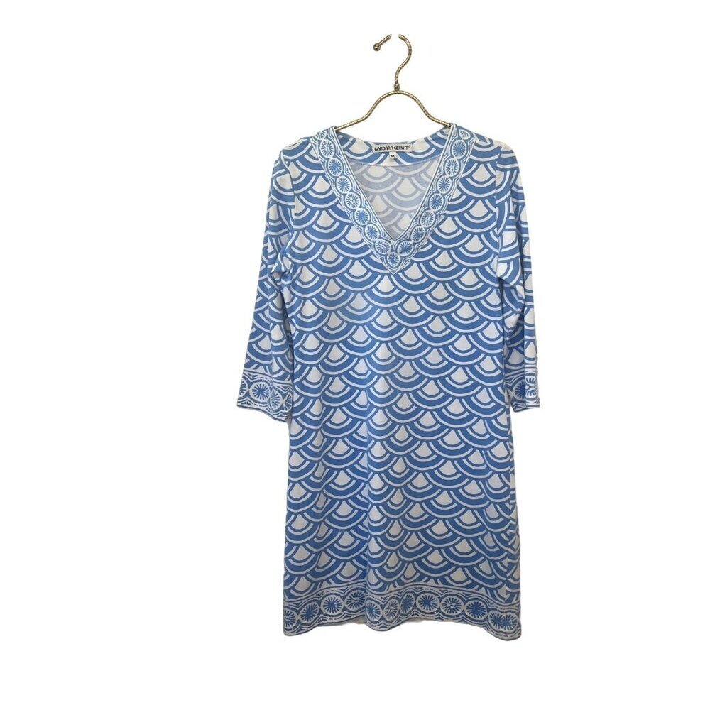 Barbara Gerwit Dress Geometric Blue Print Shift Dress 3/4 Sleeves Ladies Size M